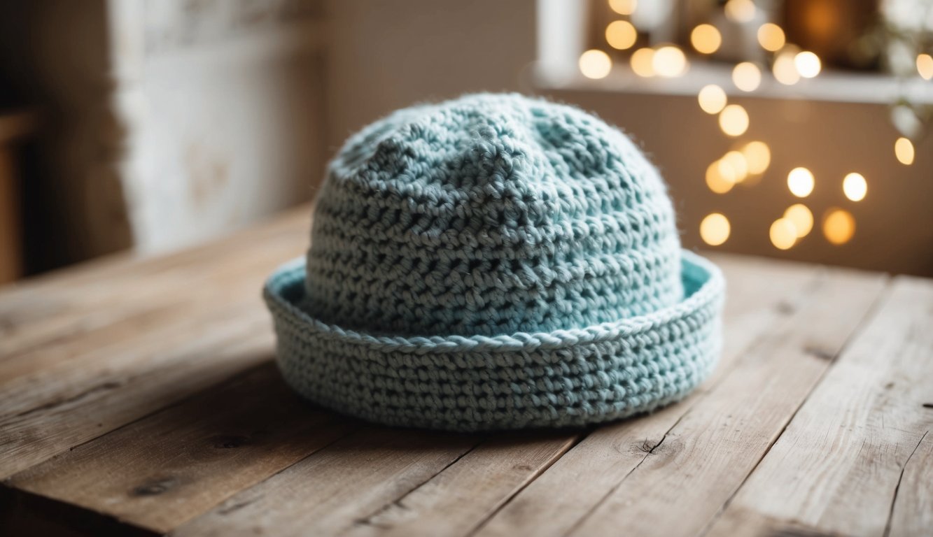A crochet hook and yarn forming a hat shape on a flat surface