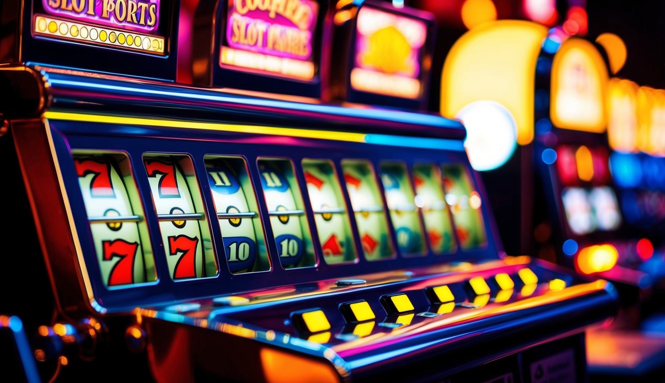 Sebuah mesin slot berwarna-warni dengan lampu berkedip dan gulungan berputar