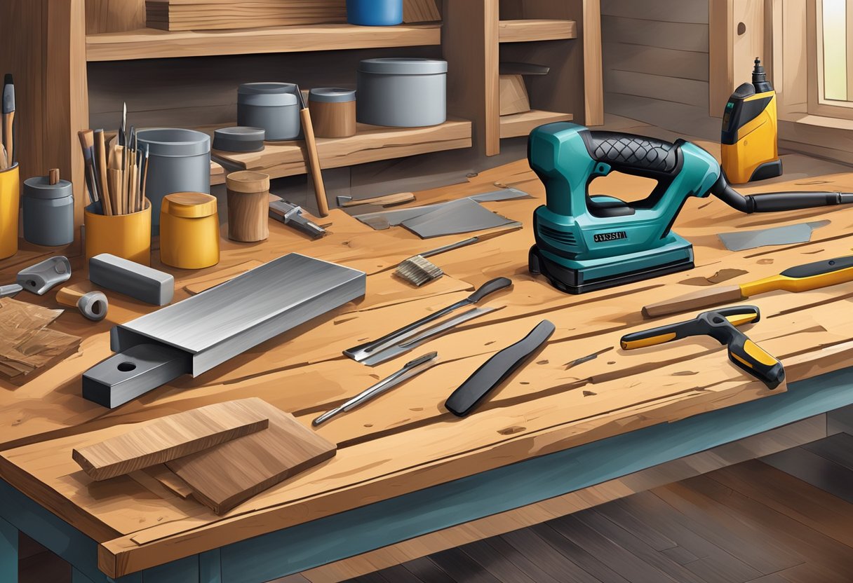 A cluttered workbench with wood planks, sandpaper, stain, paintbrush, and power tools. A completed wood countertop in the background