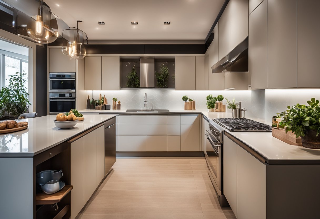 A galley kitchen with light-colored cabinets, a mirrored backsplash, and strategic lighting to create a sense of spaciousness