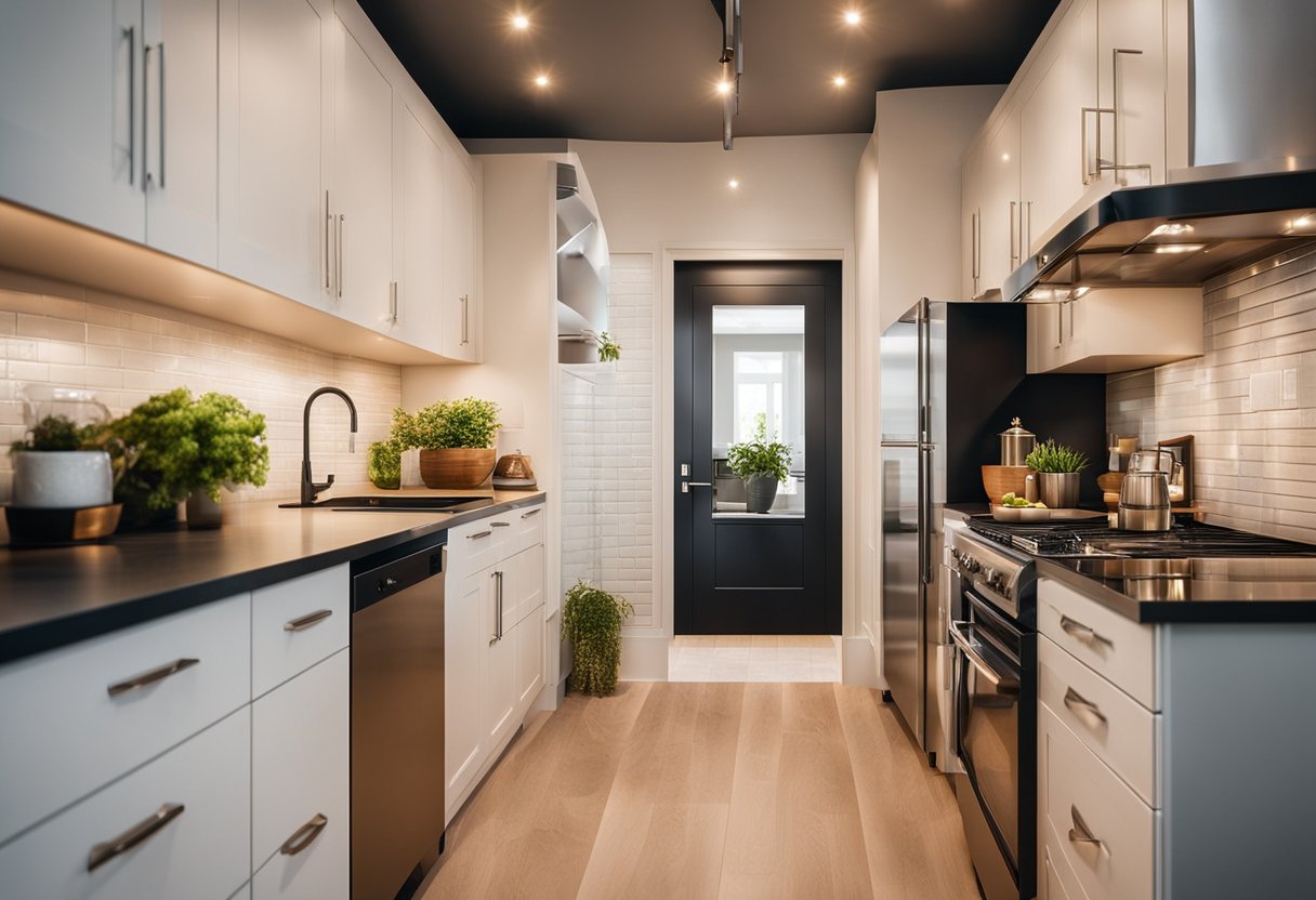 A galley kitchen with under-cabinet lighting casting a warm glow, creating a brighter and more spacious feel