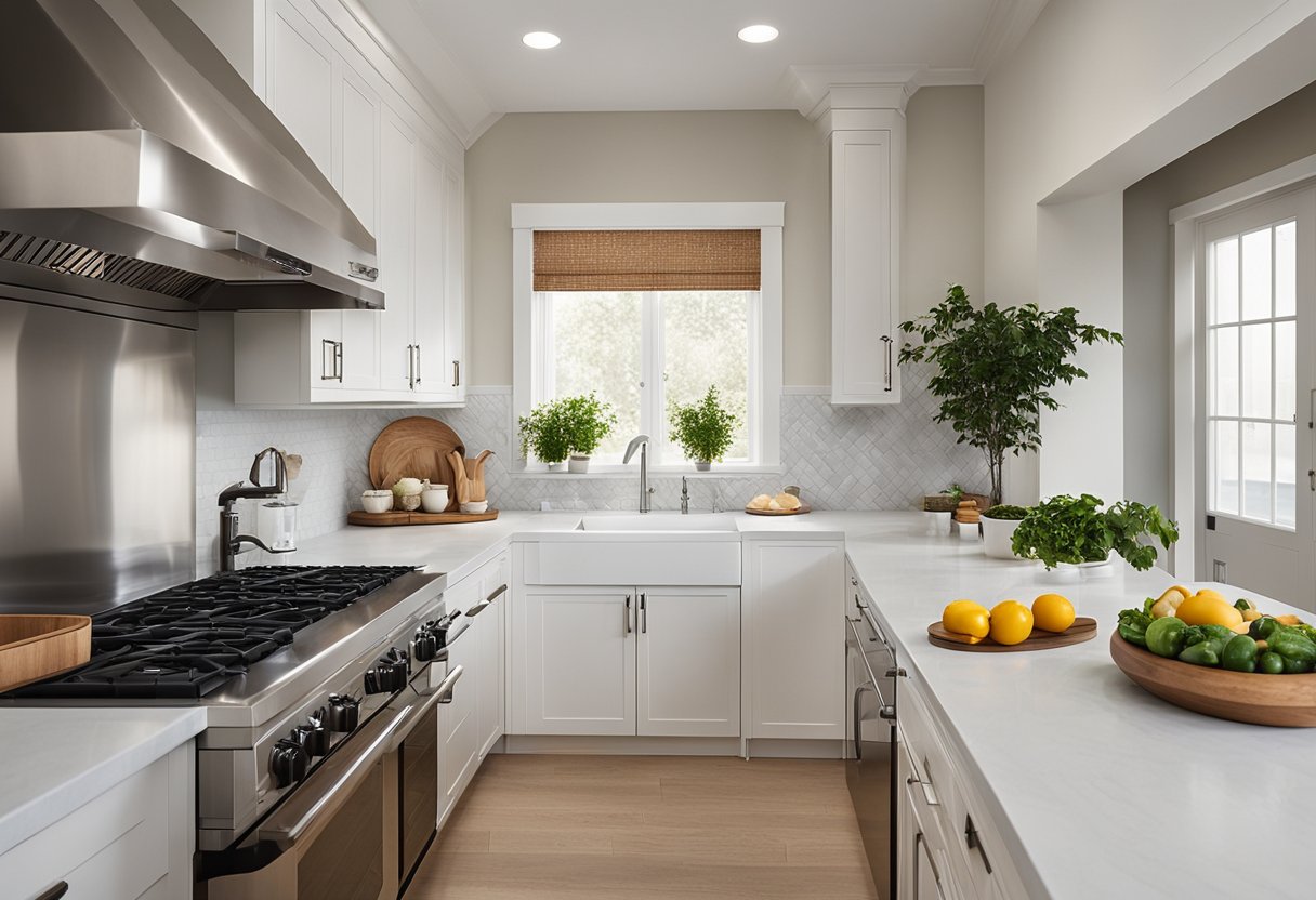 The galley kitchen features light, neutral walls and cabinets, creating an open and spacious feel
