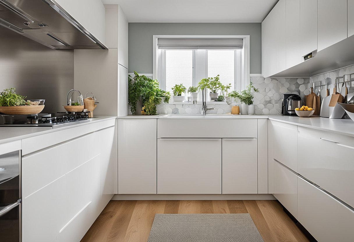 Slim, handleless cabinet pulls replace large ones in a galley kitchen. White cabinets reflect light, making the space feel larger