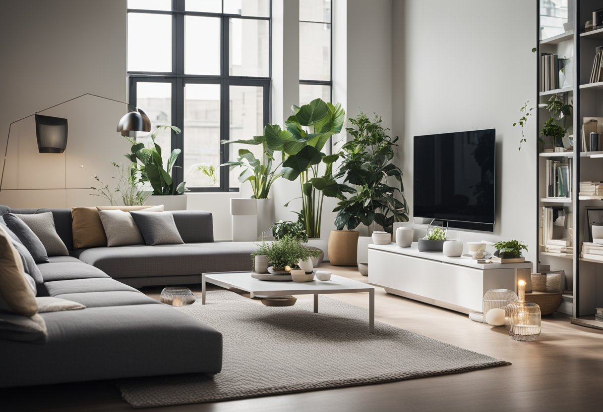 An airy, modern living room with sleek aluminum furniture, clean lines, and eco-friendly accents like potted plants and recycled materials