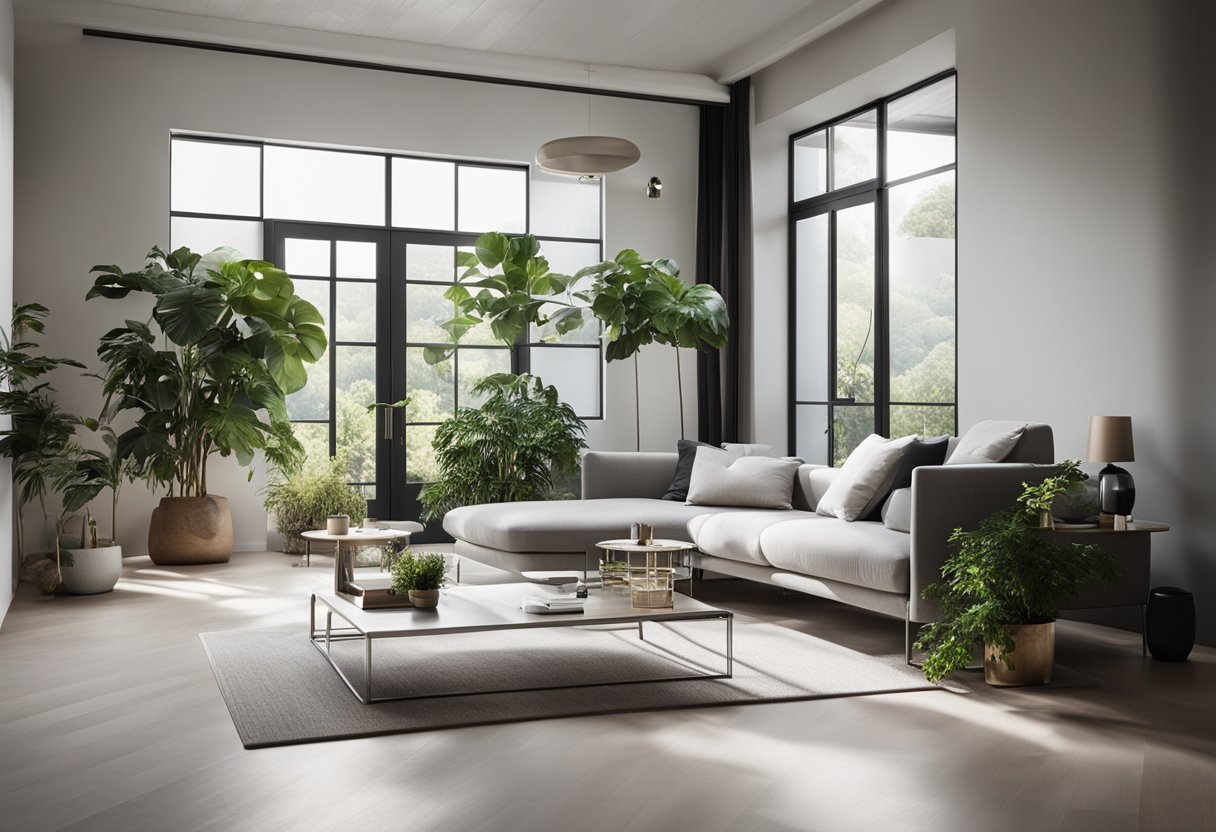 A sleek, minimalist living room with aluminum furniture and accents, surrounded by eco-friendly plants and natural light