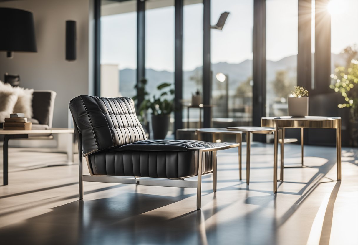 A sleek aluminum chair sits in a sunlit, minimalist living room, surrounded by sustainable, modern design elements