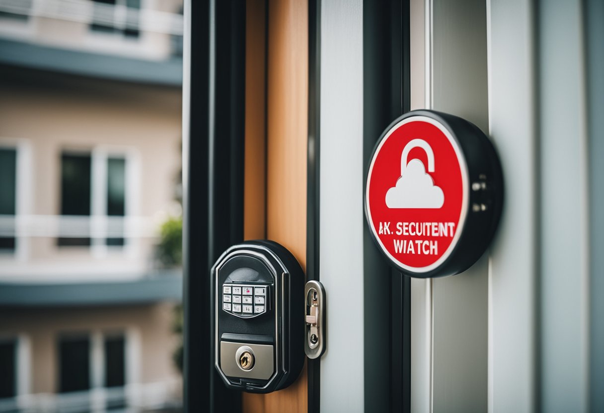 Wie kann ich meine Wohnung am besten vor Einbrüchen schützen? Effektive Maßnahmen und Expertentipps 1 Eine gut beleuchtete Wohnung mit stabilen Schlössern an Türen und Fenstern, einem Sicherheitsalarmsystem und einem Schild der Nachbarschaftswache.