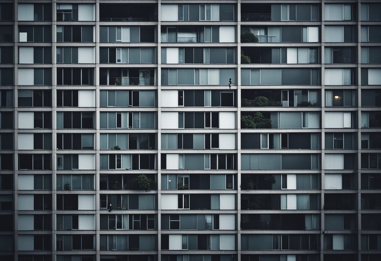 Wie kann ich meine Wohnung am besten vor Einbrüchen schützen? Effektive Maßnahmen und Expertentipps 2 Eine dunkle Gestalt lauert vor einem schwach beleuchteten Wohngebäude und beobachtet die verwundbaren Fenster im Erdgeschoss. Eine Sicherheitskamera, die an der Außenwand des Gebäudes angebracht ist, bleibt unbemerkt.