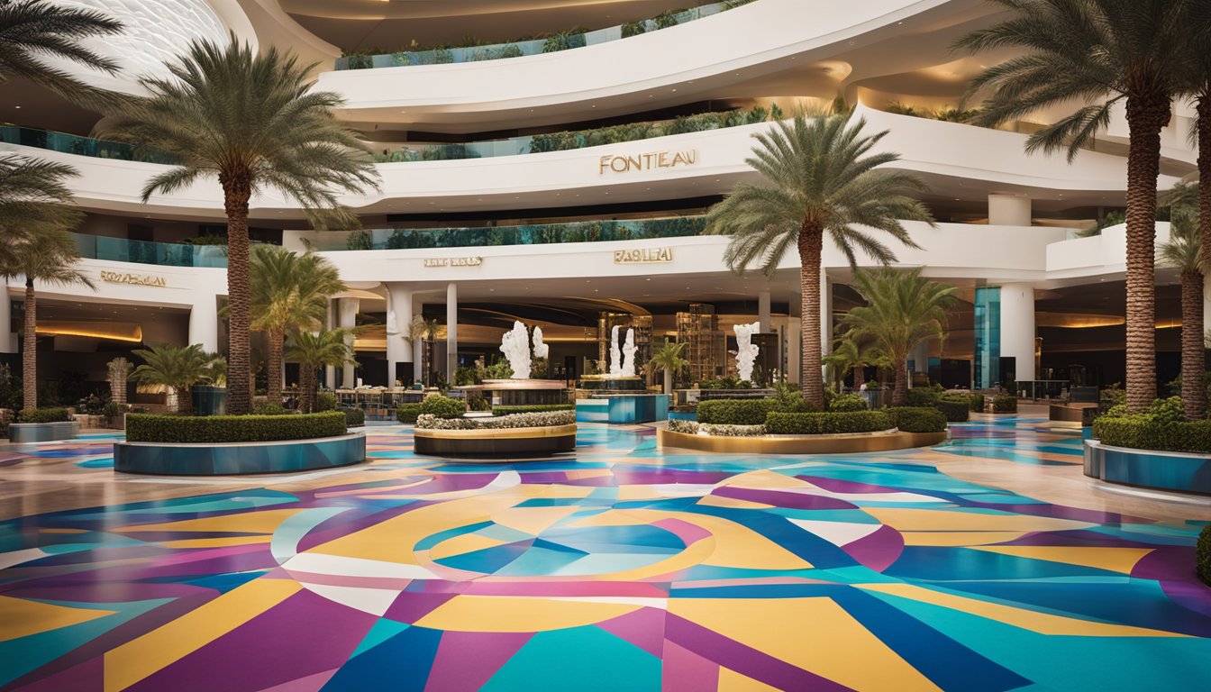 The Fontainebleau Casino Las Vegas: A grand, modern building with sleek lines and a vibrant color scheme, surrounded by palm trees and bustling with activity