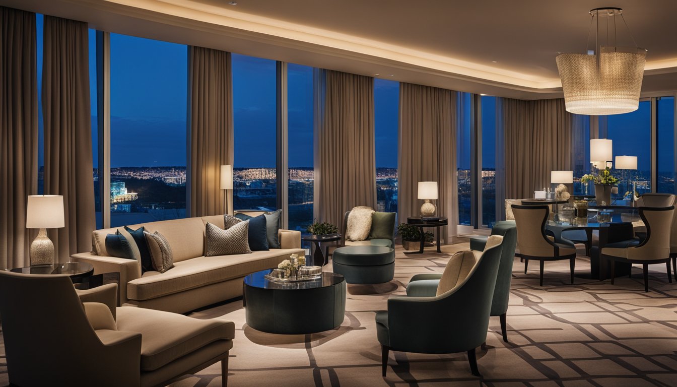 A lavish hotel suite with modern furnishings and a view of the Fontainebleau Casino's vibrant lights and bustling activity