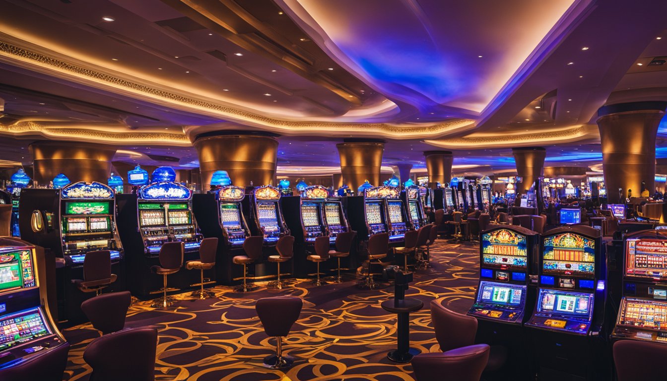 The bustling Fontainebleau Casino floor is filled with rows of slot machines, gaming tables, and vibrant lights, creating an electrifying and immersive casino experience