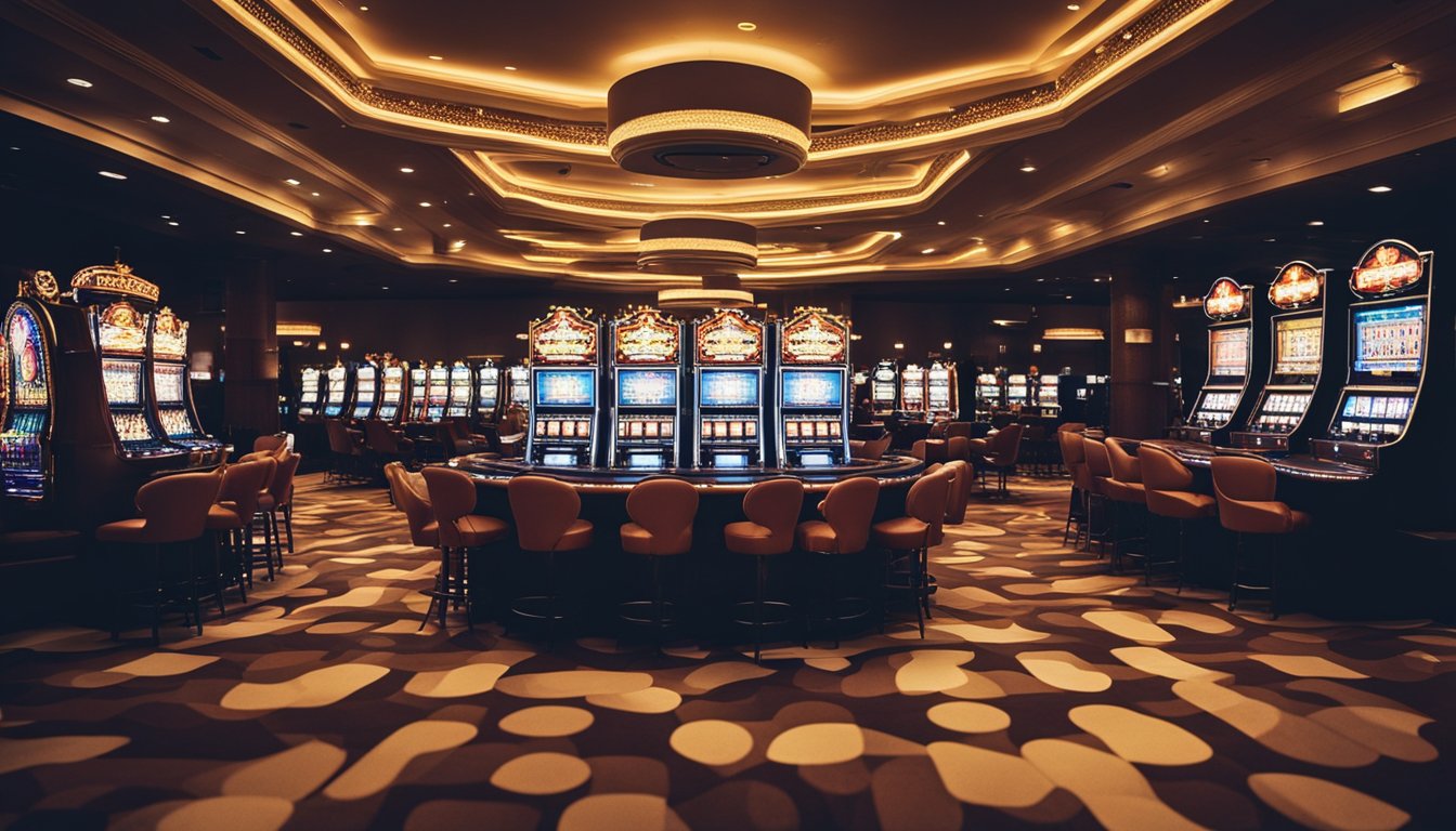Bright lights illuminate the bustling casino floor, where slot machines and card tables attract a lively crowd. The sounds of laughter and clinking glasses fill the air, creating an atmosphere of excitement and entertainment