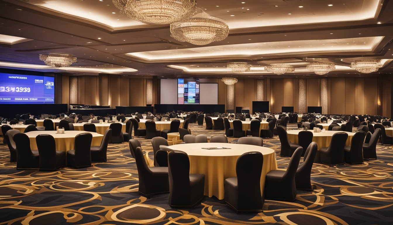 A spacious convention hall with modern decor and ample seating, surrounded by sleek meeting rooms and a bustling casino floor