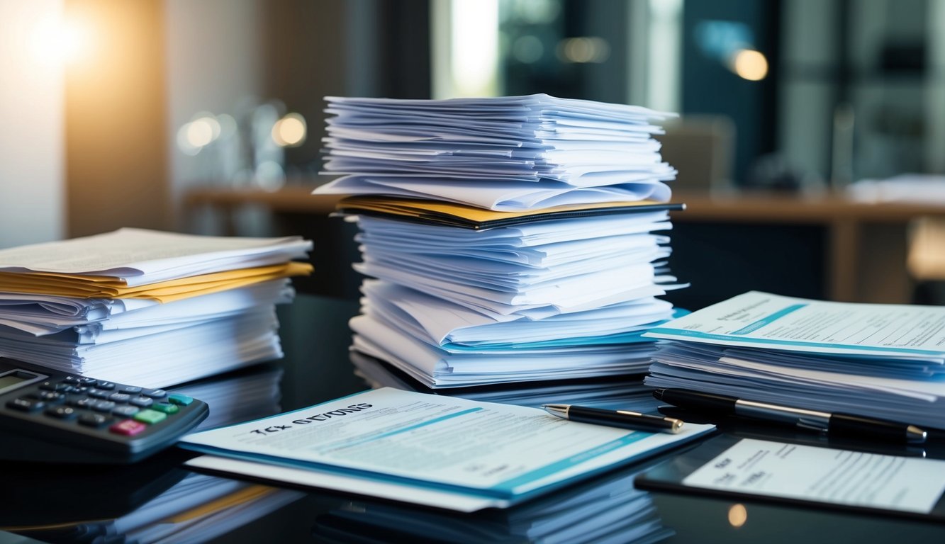 Partita IVA: Cos'è, Come Funziona, Come Aprirla, Costi, Tasse e Contributi (2025) 4 Una pila di documenti e documenti ufficiali, inclusi moduli fiscali e polizze assicurative, disposti su una scrivania con una calcolatrice e una penna