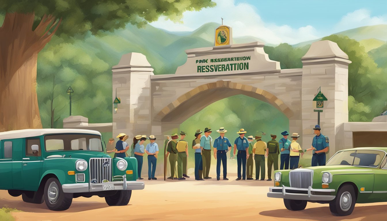 Vehicles lined up at the entrance gate, signs displaying reservation details, park rangers checking in visitors