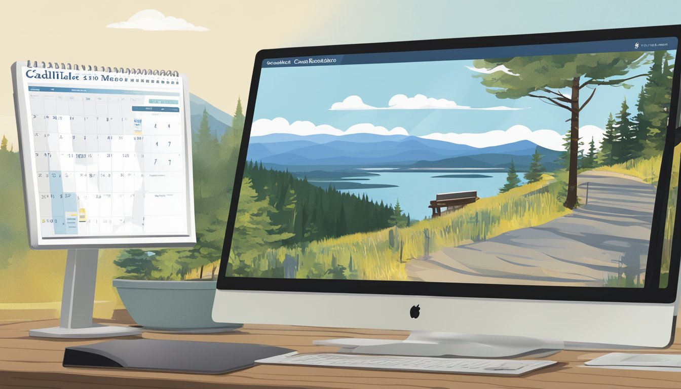 A computer screen displaying the Cadillac Mountain reservation system with clear instructions and a calendar for selecting dates. A smartphone nearby showing a confirmation email
