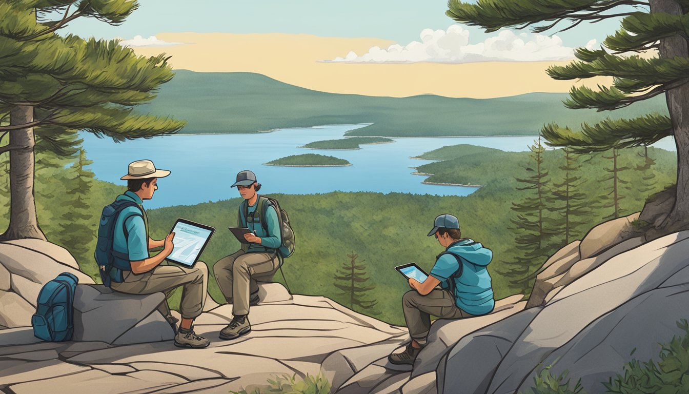 A group of hikers waits at the base of Cadillac Mountain, while a park ranger checks their reservation on a tablet. A sign nearby explains the new reservation system