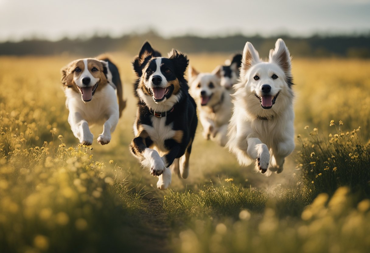 A pack of lively dogs sprint through a sun-drenched field, tongues lolling and tails wagging with unbridled joy