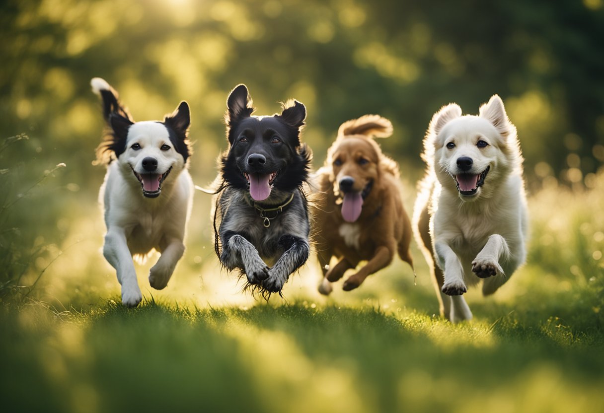A pack of energetic dogs racing through a lush, green field, tongues lolling and tails wagging with unbridled joy