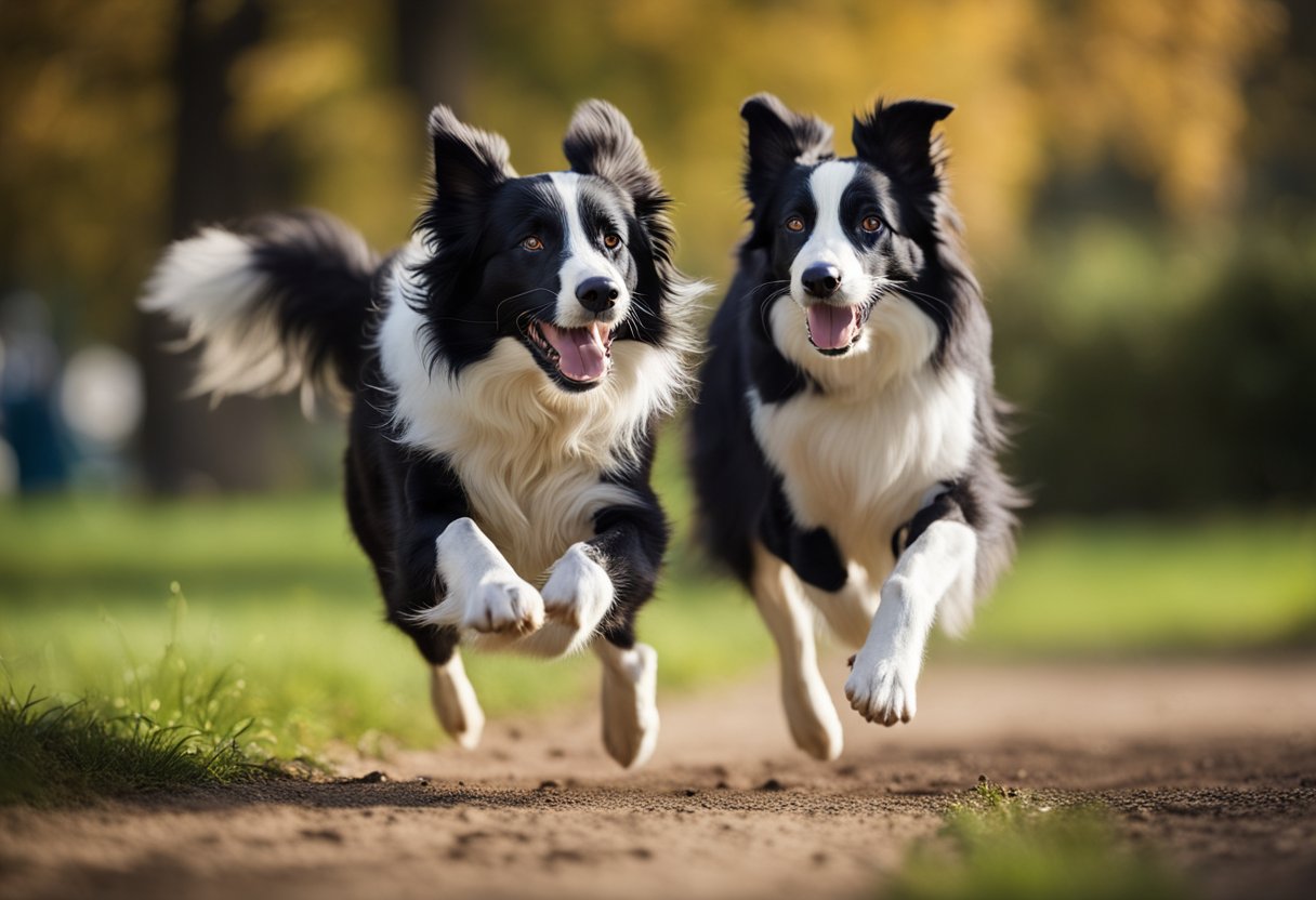 A lively border collie races through a park, leaping over obstacles with a wagging tail and bright eyes