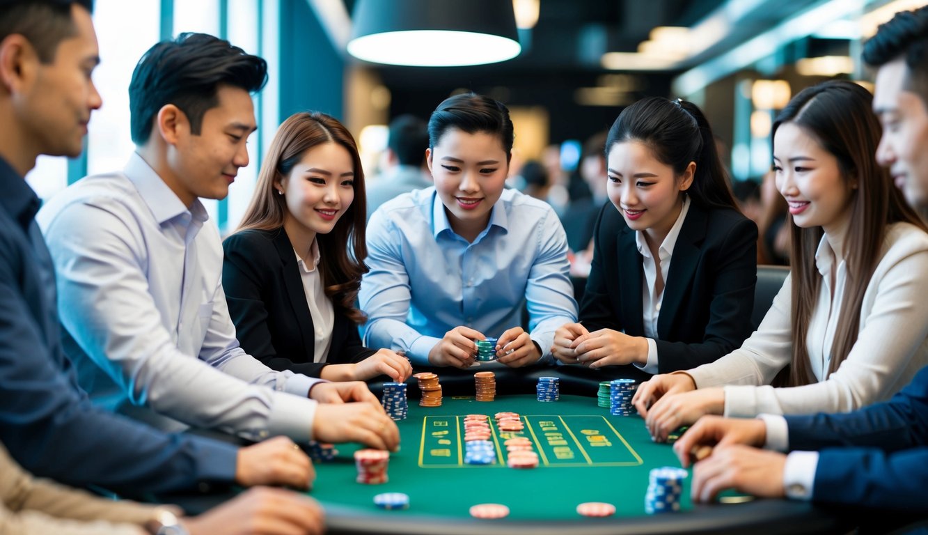 Sekelompok orang berkumpul di sekitar meja, bermain ceme online dengan ekspresi fokus dan chip berwarna di atas meja