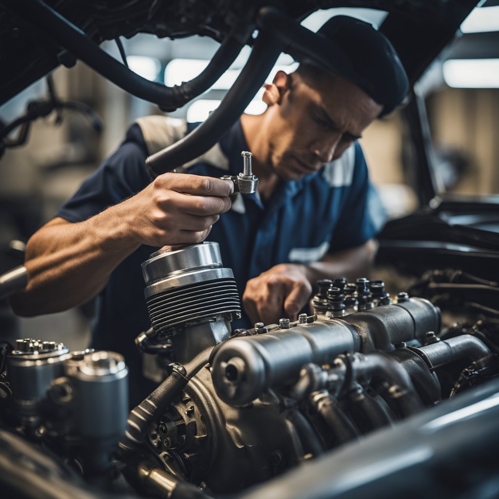 A mechanic performing various maintenance tasks on a Honda B17 engine, including oil change, filter replacement, and spark plug inspection
