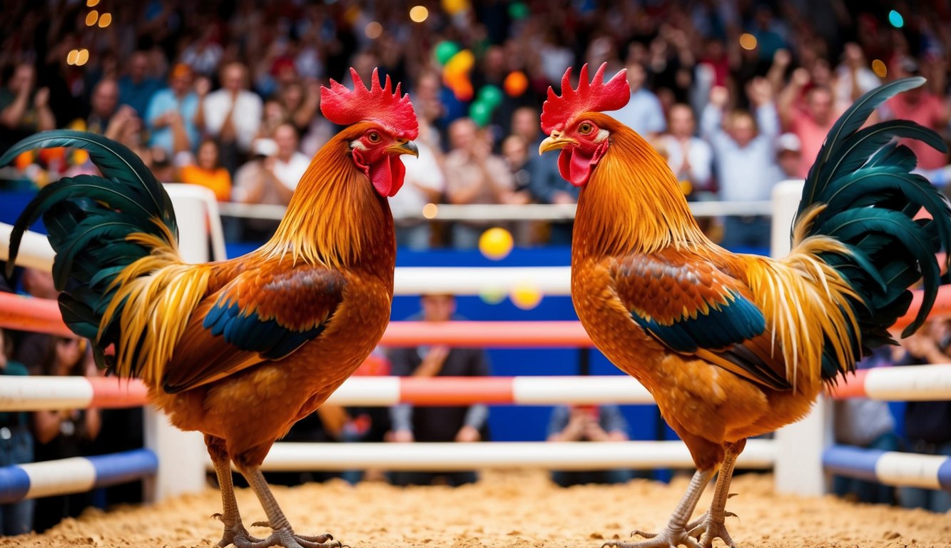 Dua ayam jantan saling berhadapan di arena yang ramai, dikelilingi oleh penonton yang bersorak dan dekorasi berwarna-warni