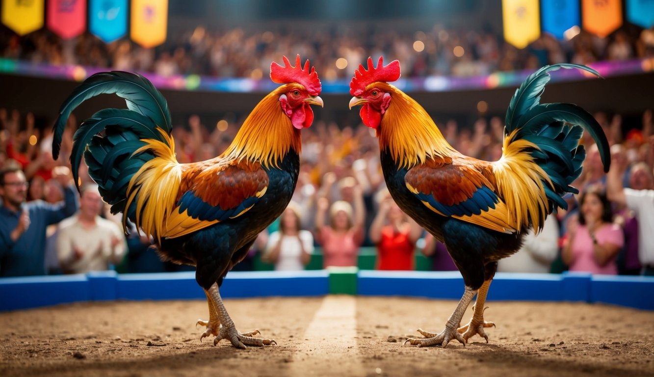 Dua ayam jantan berhadapan di arena virtual, dikelilingi oleh penonton yang bersorak dan spanduk berwarna-warni