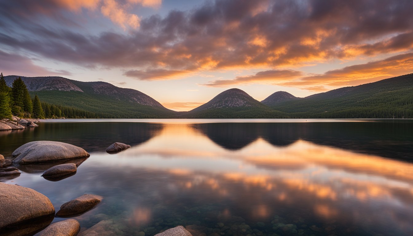Sunset over Jordan Pond, Acadia National Park. Bubbles rise from the crystal-clear water, framed by the surrounding mountains and vibrant foliage