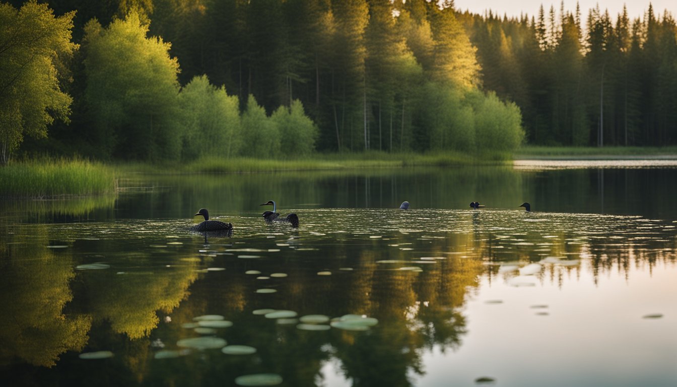 A serene pond surrounded by lush forest, with loons diving for fish and beavers building their dams at dusk