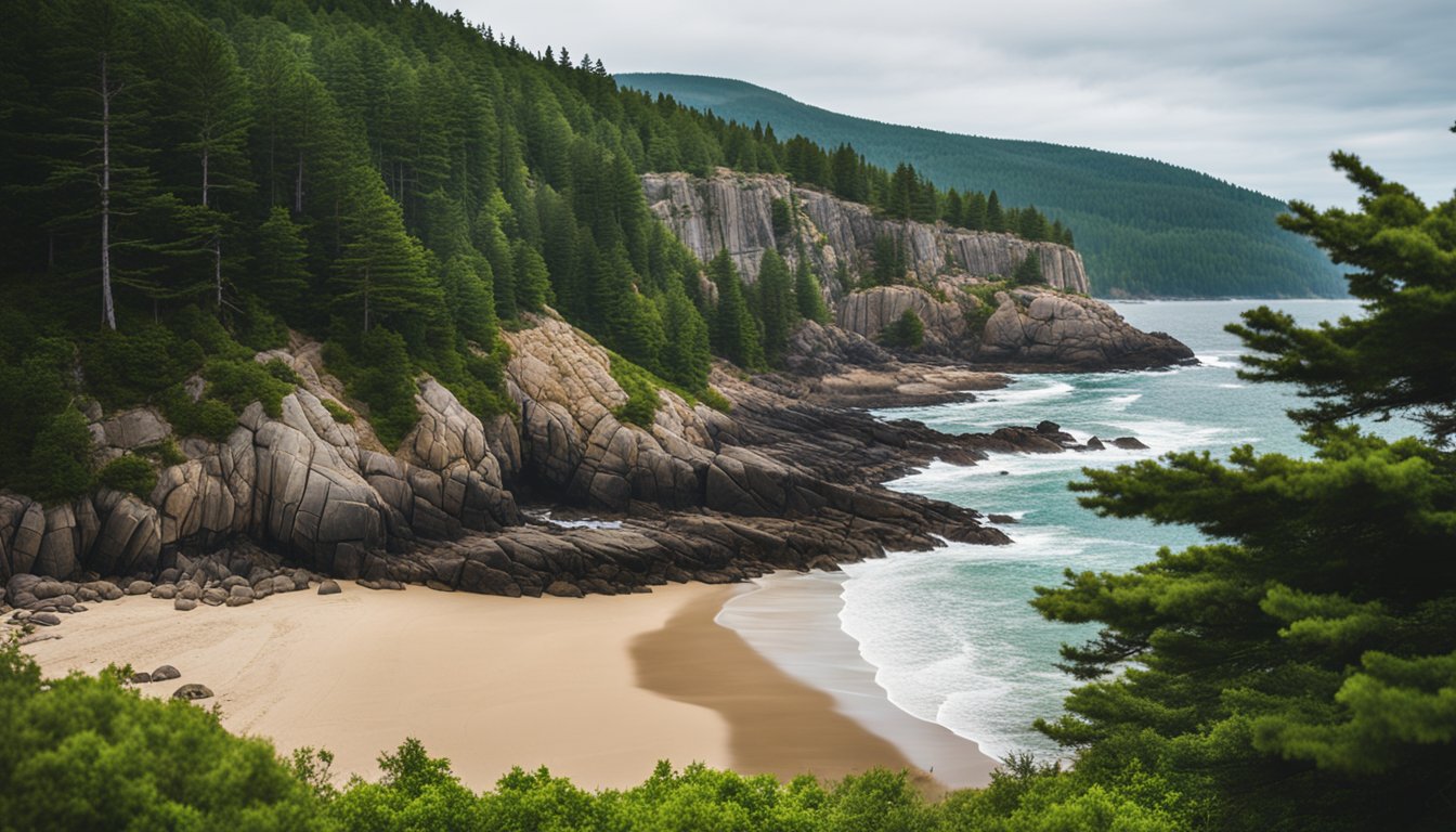 A shell-strewn beach nestled between rugged cliffs, with crashing waves and a backdrop of lush green forests in Acadia National Park