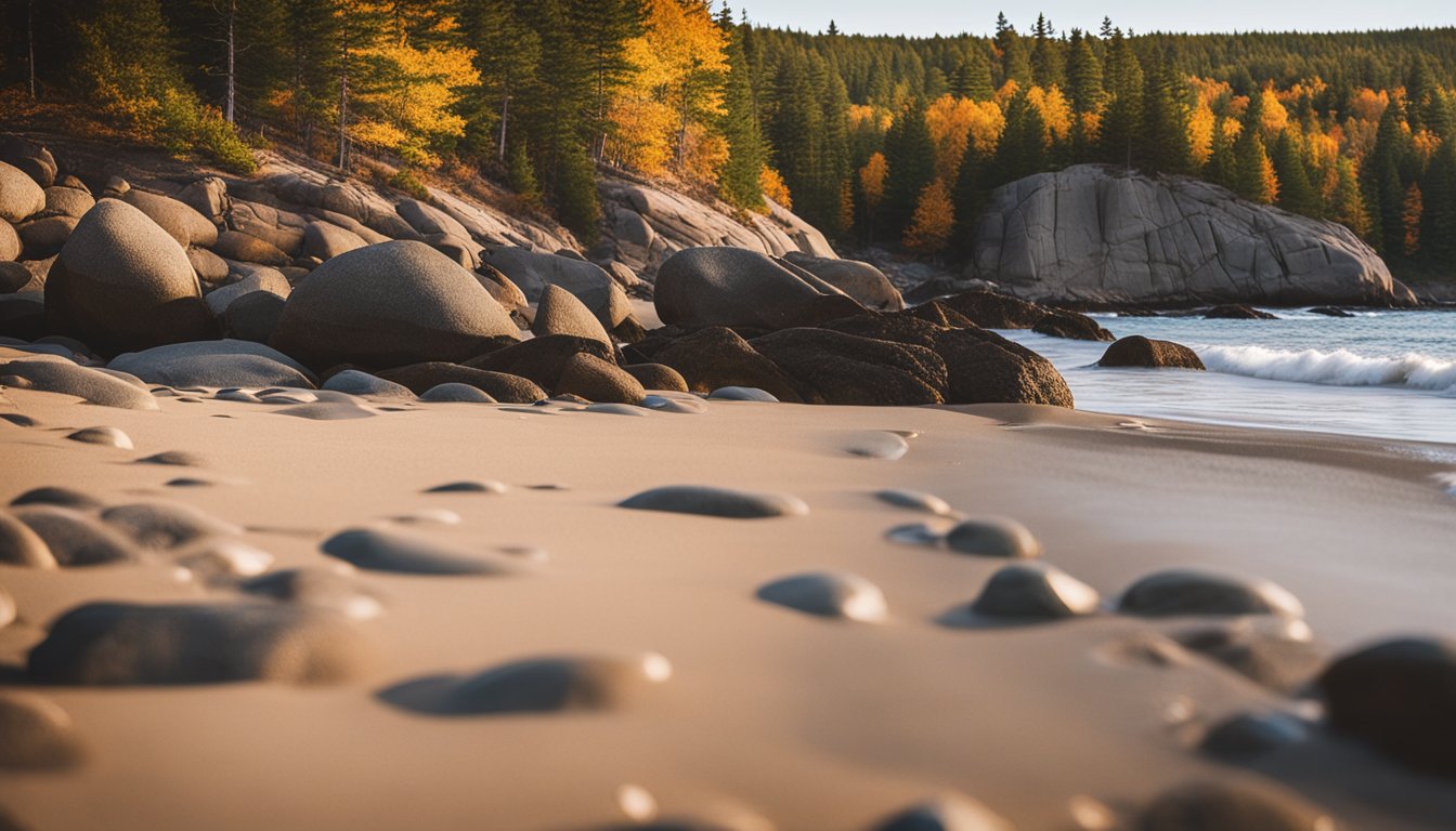 A serene scene of Sand Beach at Acadia National Park, with changing seasons and natural elements such as waves, rocks, and surrounding foliage