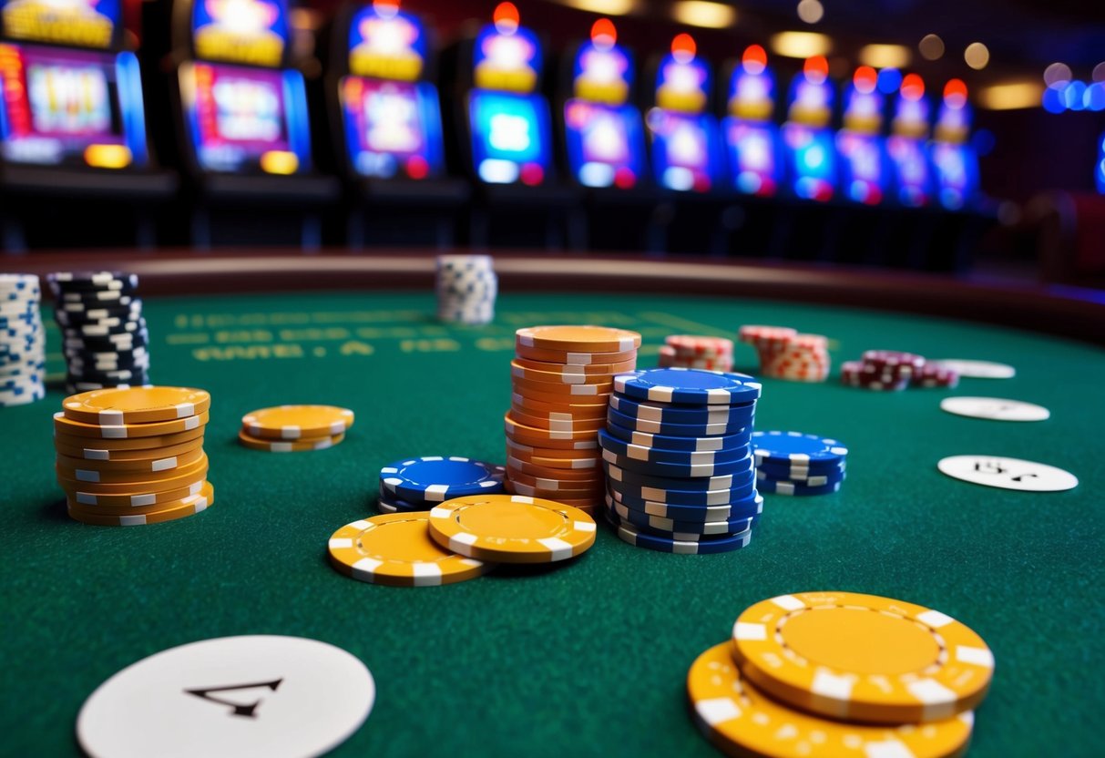 Bright casino chips and cards scattered on a green felt table. Slot machines flash with colorful lights in the background