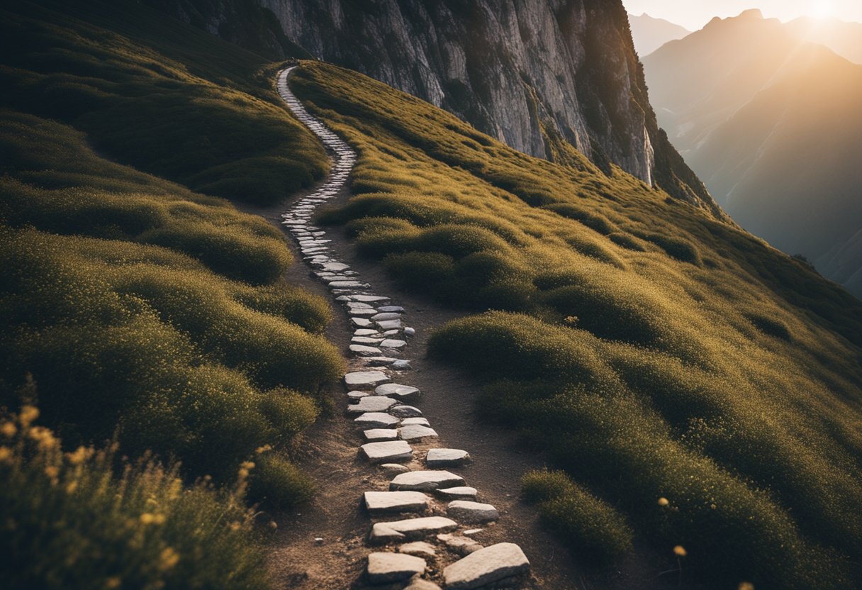 A mountain peak with a narrow, treacherous path leading to the top, symbolizing the journey of overcoming major life challenges