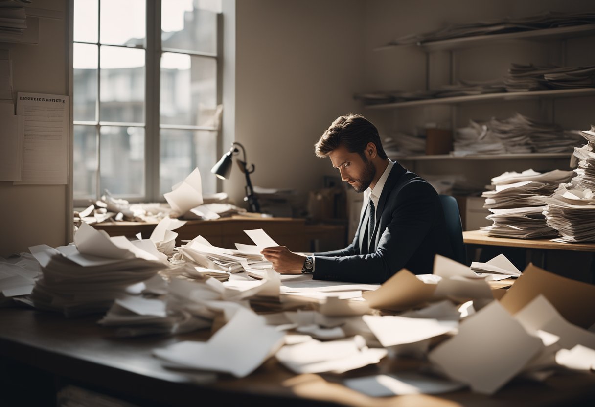 A lone figure sits at a cluttered desk, surrounded by crumpled papers. A rejection letter lies on the floor, while the figure stares determinedly at a blank sheet of paper, ready to write their next masterpiece