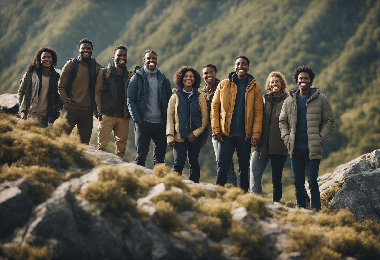 A group of diverse individuals standing triumphantly atop a mountain, symbolizing their journey of overcoming major life challenges