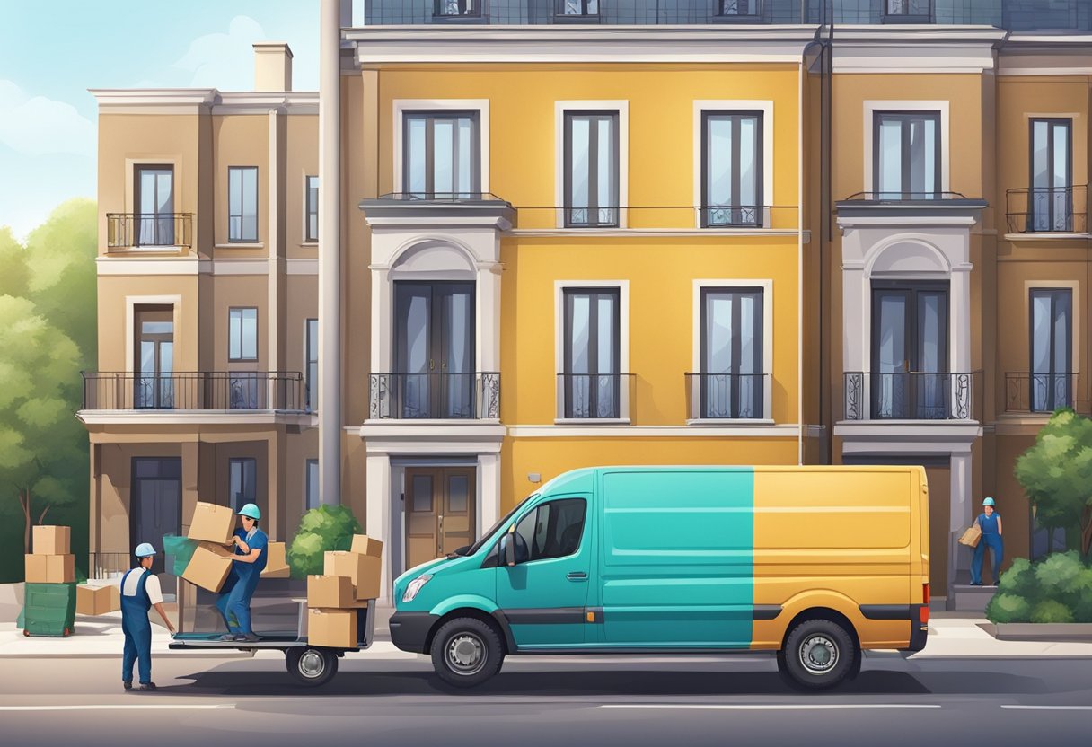 Remoção Particular: Soluções Eficientes para Transporte Seguro de Bens 1 Um caminhão de serviço de remoção particular estacionado do lado de fora de um edifício residencial, com trabalhadores carregando móveis e caixas para dentro do veículo.