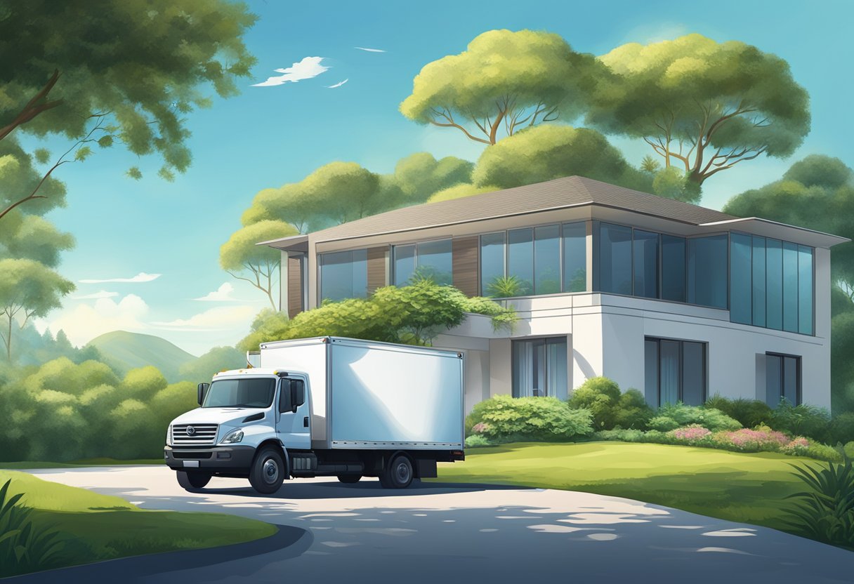 Remoção Particular: Soluções Eficientes para Transporte Seguro de Bens 2 Uma paisagem serena com um caminhão de mudança particular estacionado em frente a uma casa moderna, cercada por uma vegetação exuberante e um céu azul claro.