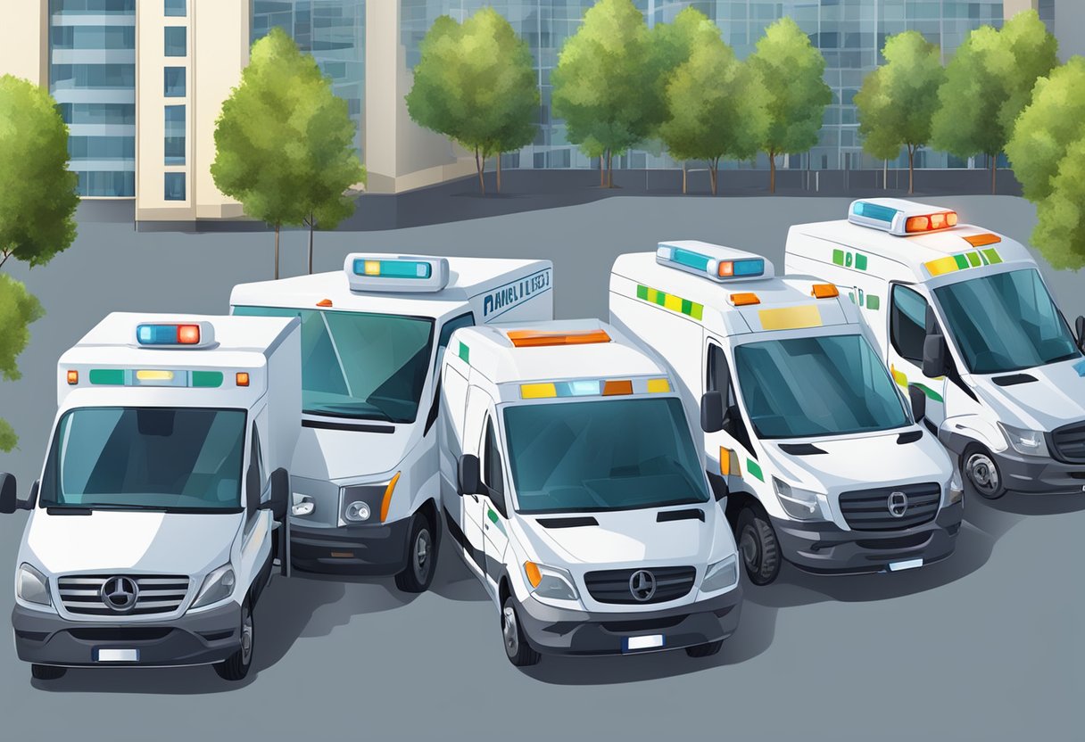 Remoção Particular: Soluções Eficientes para Transporte Seguro de Bens 3 Uma frota de diferentes ambulâncias estacionadas do lado de fora de uma instalação médica, prontas para o transporte privado de pacientes.
