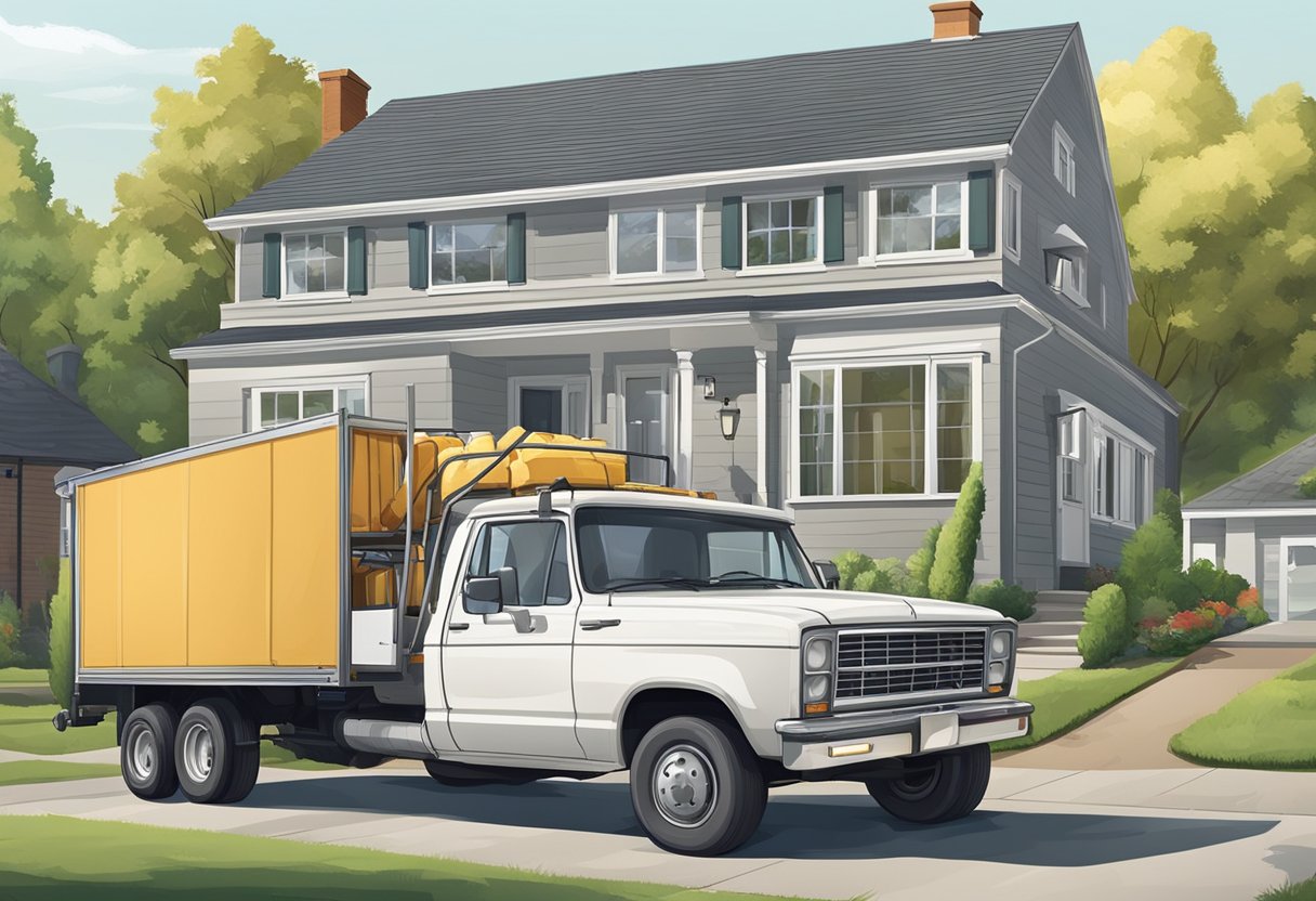 Remoção Particular: Soluções Eficientes para Transporte Seguro de Bens 4 Um caminhão de serviço de remoção privado estacionado em frente a uma casa, com trabalhadores carregando móveis e colocando-os no veículo.