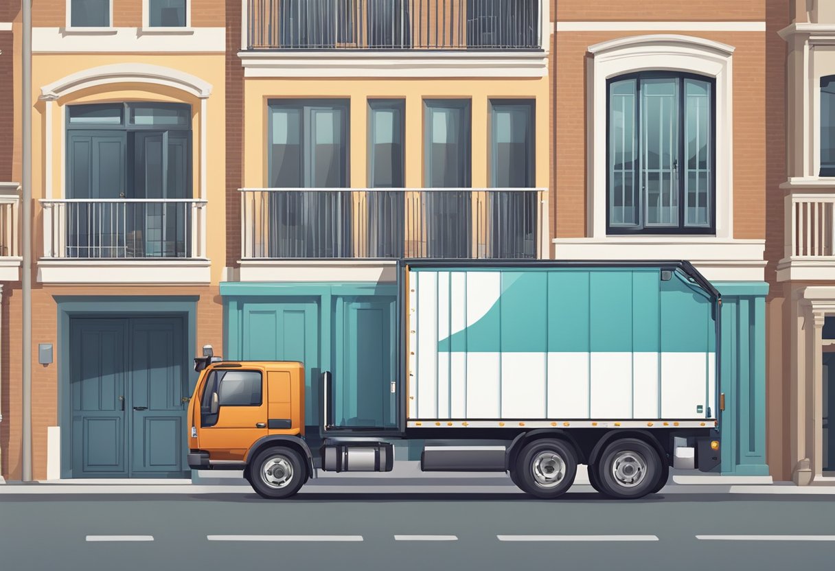 Remoção Particular: Soluções Eficientes para Transporte Seguro de Bens 8 Um caminhão de mudança particular estacionado em frente a um edifício residencial, com os carregadores levando móveis e caixas para fora do prédio.