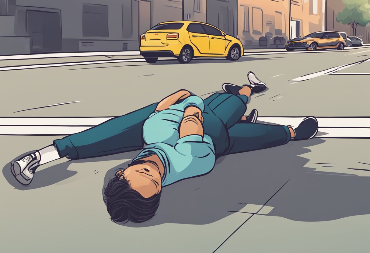 Atendimento de urgência: como identificar e agir em situações críticas 1 Uma pessoa deitada no chão, segurando o peito com dor, enquanto um transeunte preocupado chama por ajuda pelo telefone.