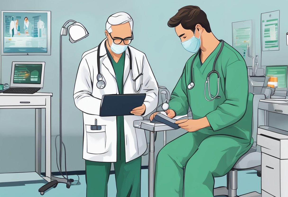 Atendimento de urgência: como identificar e agir em situações críticas 4 Um profissional de saúde realizando a avaliação inicial de um paciente em um ambiente de atendimento de urgência, utilizando estetoscópio e equipamentos médicos.