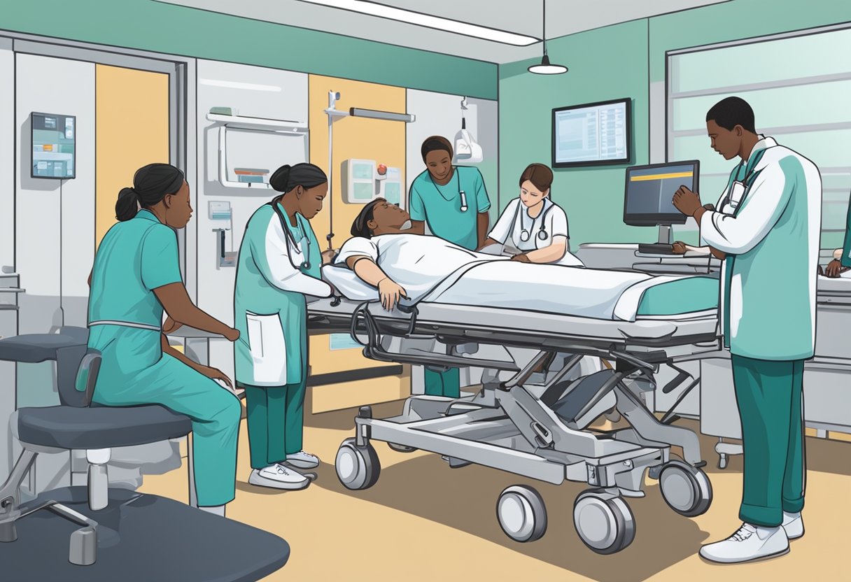 Atendimento de urgência: como identificar e agir em situações críticas 5 Equipe médica em um ambiente de atendimento de urgência, atendendo a um paciente em uma maca com equipamentos médicos e monitores ao seu redor