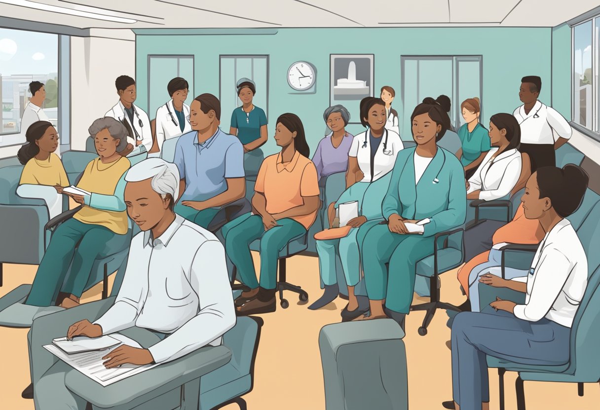 Atendimento de urgência: como identificar e agir em situações críticas 6 Uma sala de espera cheia, com pessoas sentadas em cadeiras, um recepcionista em uma mesa e profissionais de saúde atendendo pacientes em um ambiente de urgência menos severa.