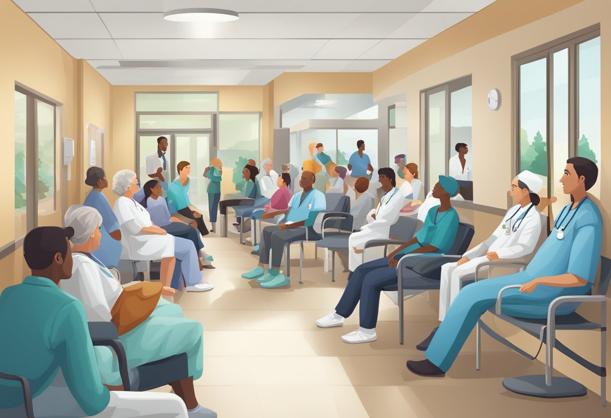 Atendimento de urgência: como identificar e agir em situações críticas 7 Uma sala de espera lotada em um departamento de emergência hospitalar, com pacientes sentados e em pé, enfermeiros e médicos se movendo rapidamente, e ambulâncias chegando do lado de fora.