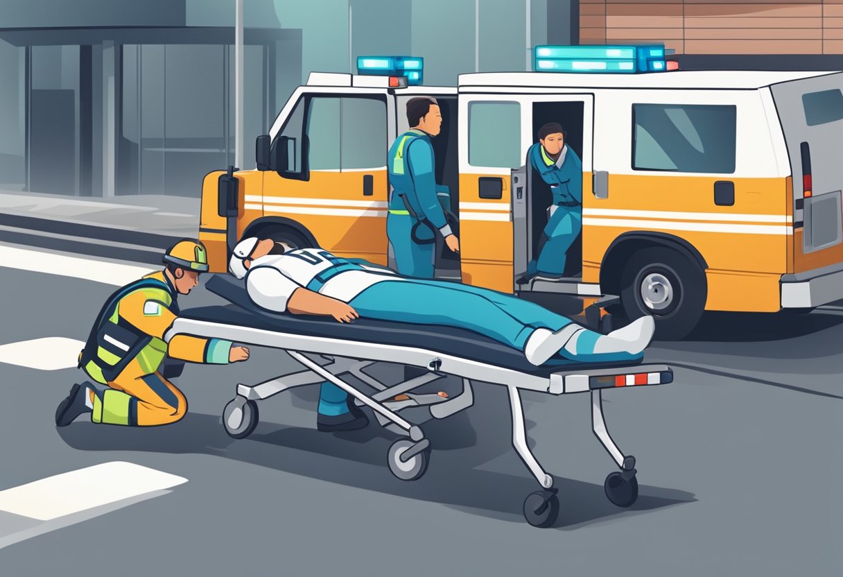 Atendimento de urgência: como identificar e agir em situações críticas 8 Um paramédico corre até um paciente deitado no chão, cercado por equipamentos médicos de emergência. A cena é tensa e urgente.