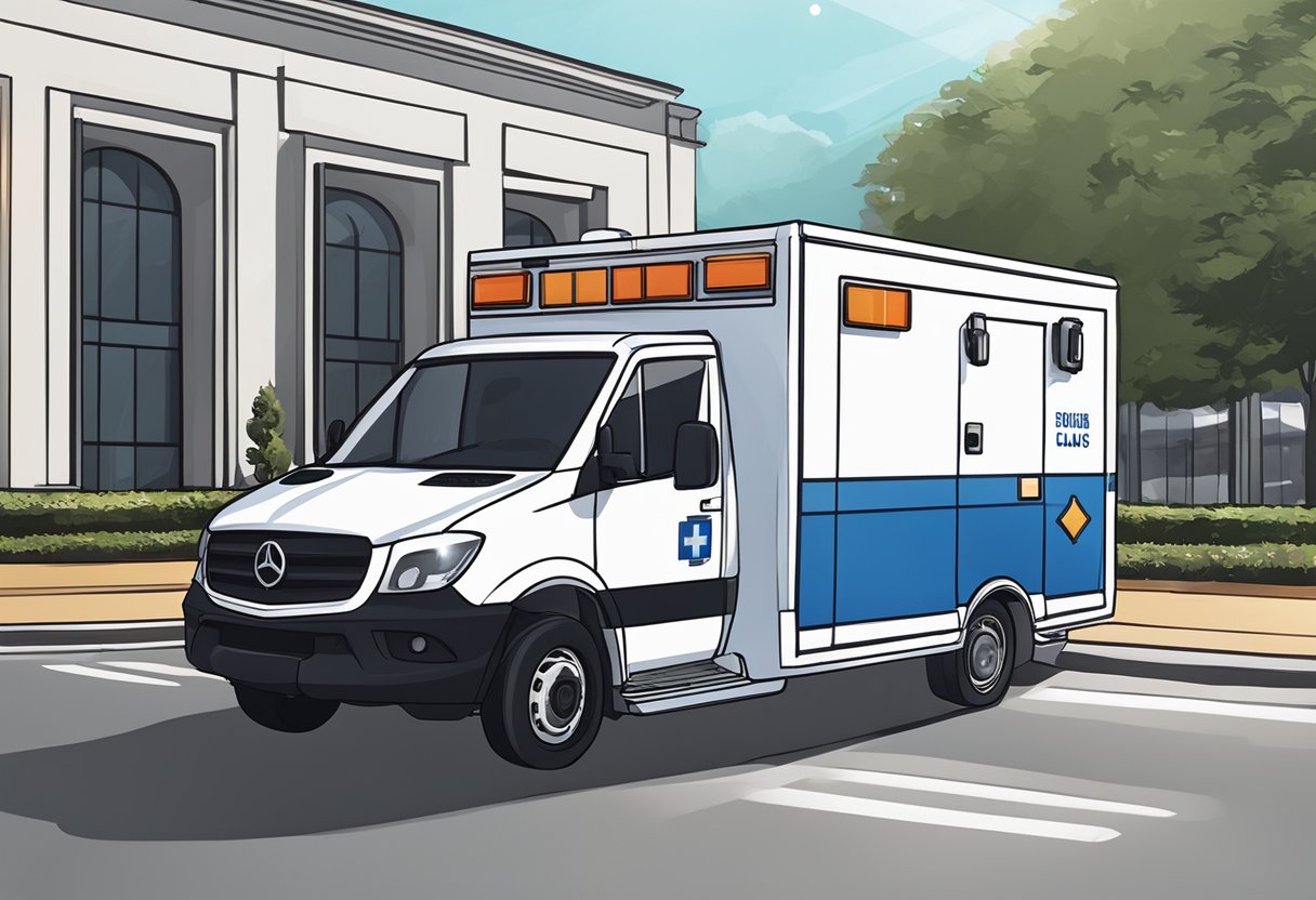 Uma ambulância estacionada do lado de fora de um grande local de eventos em Curitiba, com luzes piscando e equipamentos médicos visíveis através das janelas.