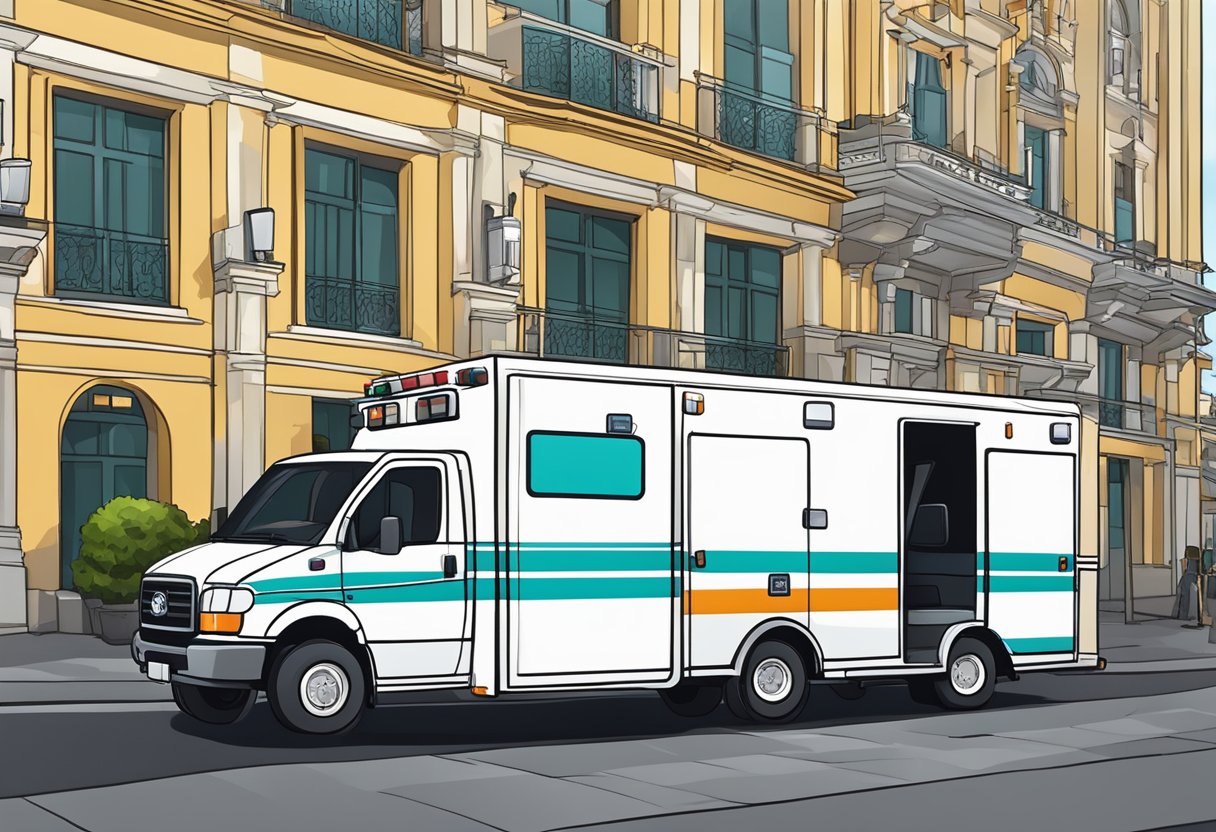 Uma ambulância estacionada do lado de fora de um local em Curitiba, com luzes de emergência piscando e equipamentos médicos visíveis através das janelas.