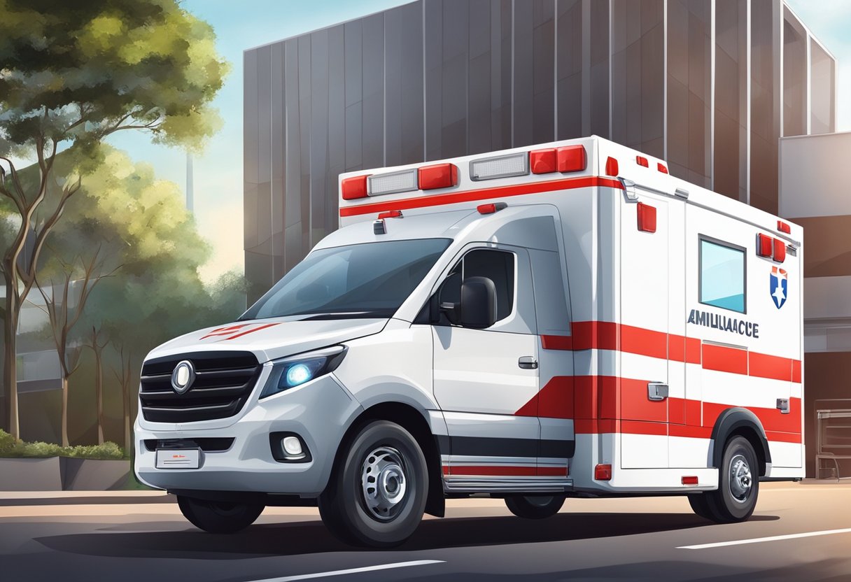 Uma ambulância moderna para eventos em Curitiba, Brasil, equipada com suprimentos médicos e uma distinta combinação de cores vermelha e branca, estacionada em frente a um local.